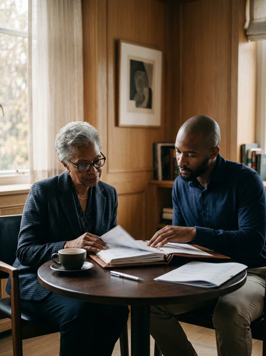 Two people reviewing a portfolio document in a private meeting room
