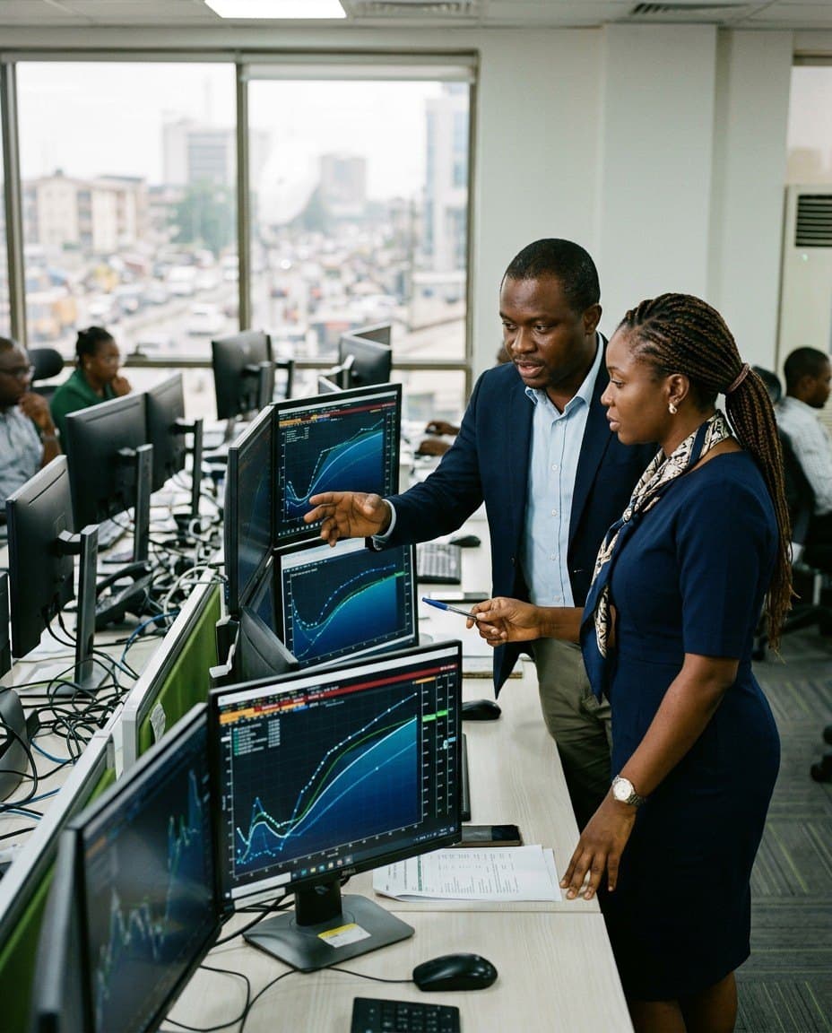 Two traders discussing bond market charts on a trading floor