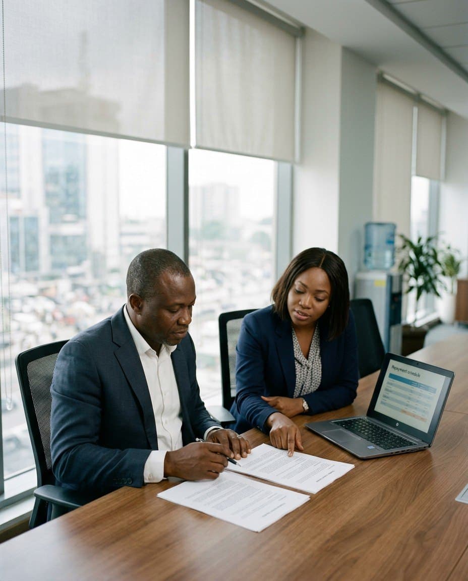 A finance director and treasurer reviewing funding documents in a Lagos office