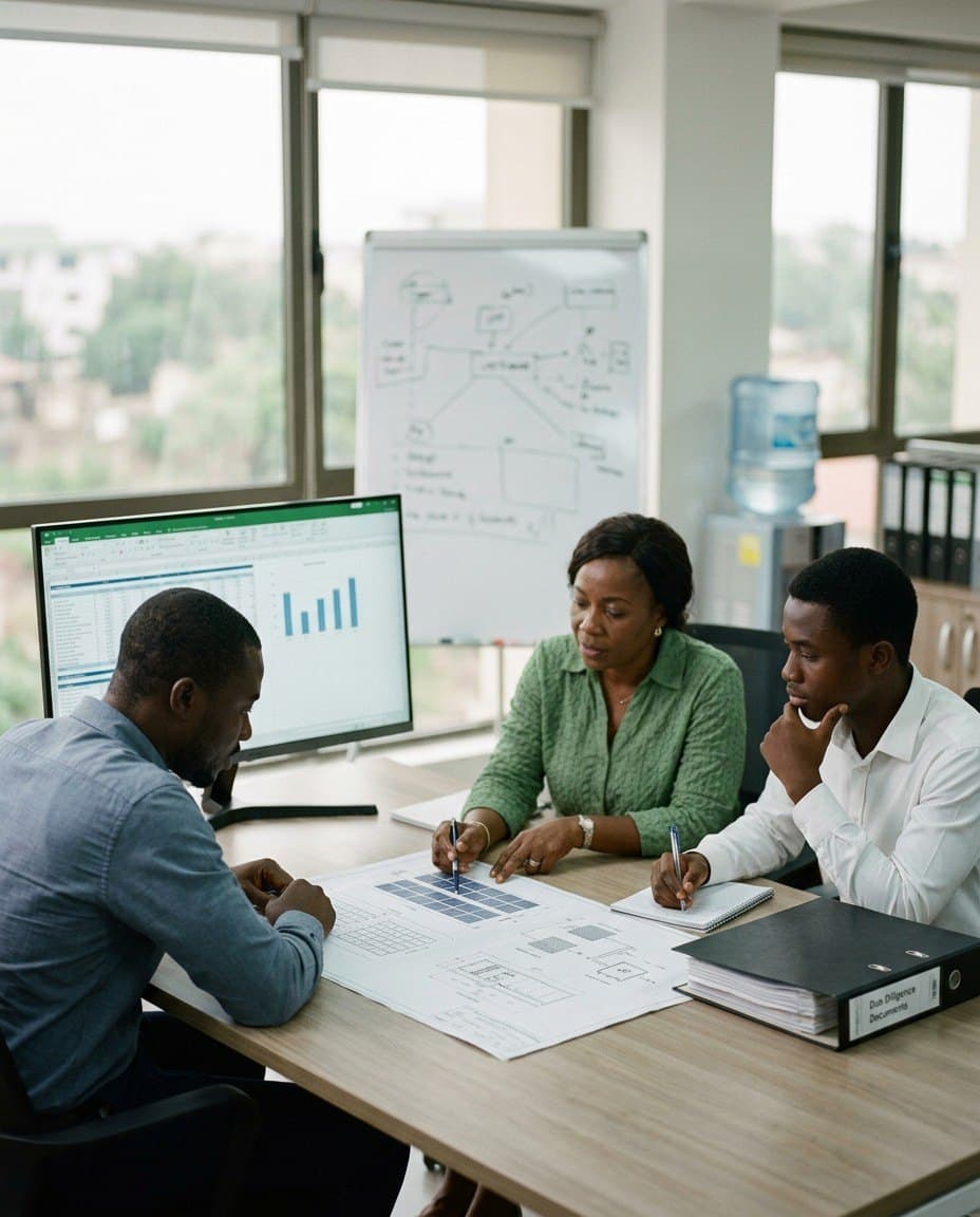 A project finance team reviewing a financial model and engineering drawings