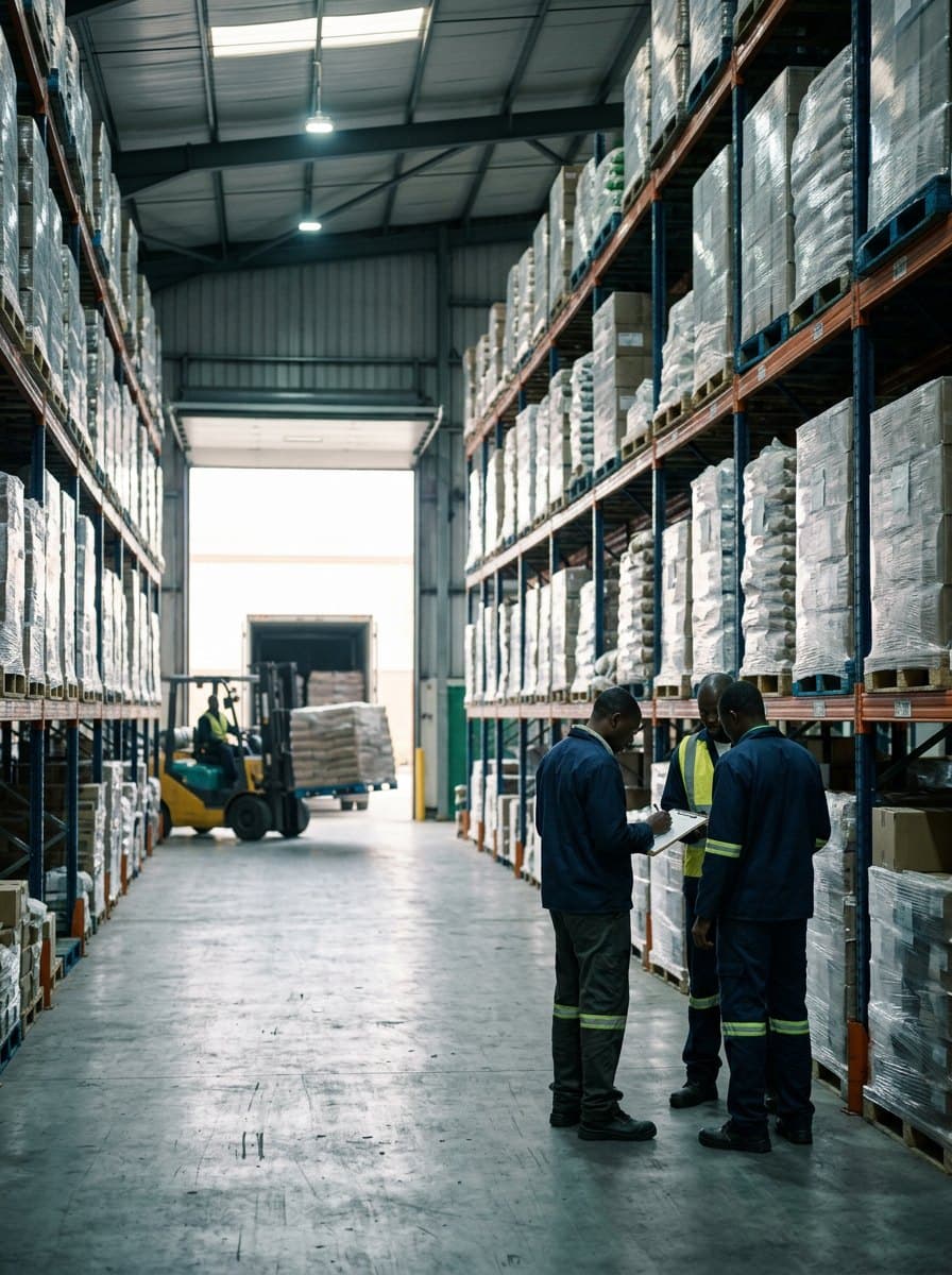 Staff checking an outbound consignment in a distribution warehouse
