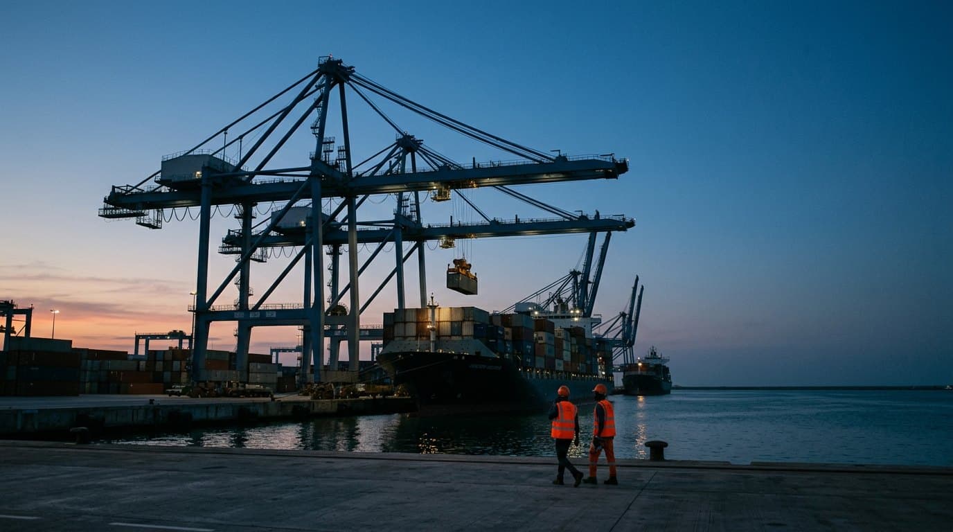 Cranes working a container vessel at a West African terminal at dusk